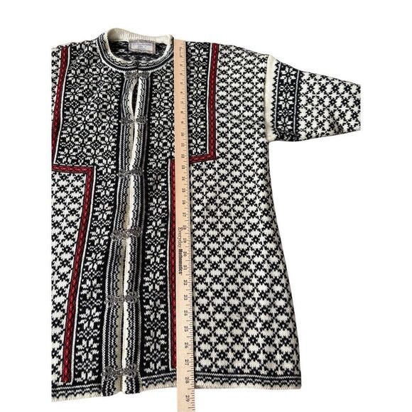 Norlender Wool Cardigan Size L Pewter Button Front Cream Black Red - Picture 5 of 11